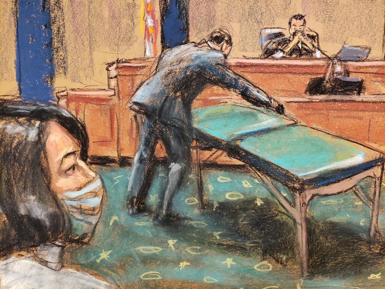 A massage table is displayed in court during the trial of Ghislaine Maxwell, the Jeffrey Epstein associate accused of sex trafficking, in a courtroom sketch in New York City, US, December 3, 2021.