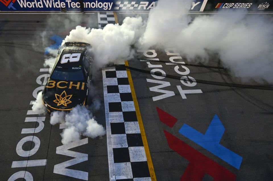 MADISON, ILLINOIS - JUNE 04: Kyle Busch, driver of the #8 3CHI Chevrolet, celebrates with a burnout after winning the NASCAR Cup Series Enjoy Illinois 300 at WWT Raceway on June 04, 2023 in Madison, Illinois. (Photo by Jeff Curry/Getty Images)