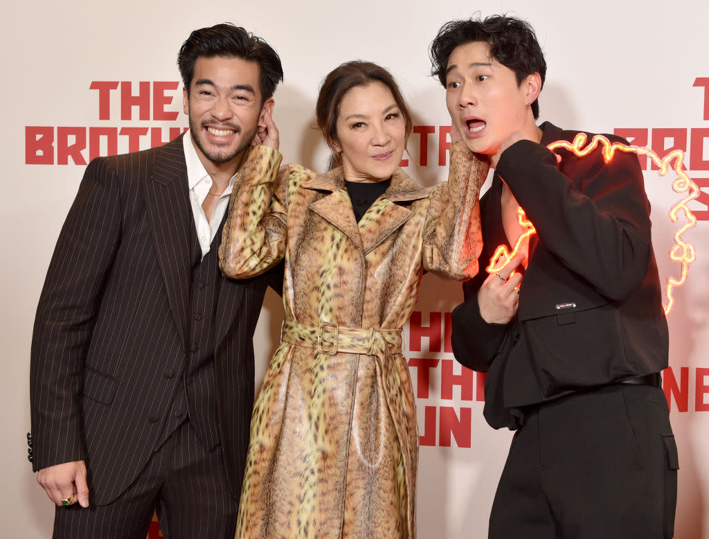   Justin Chien, Michelle Yeoh and Sam Song Li attend the Los Angeles premiere of Netflix's "The Brothers Sun". 