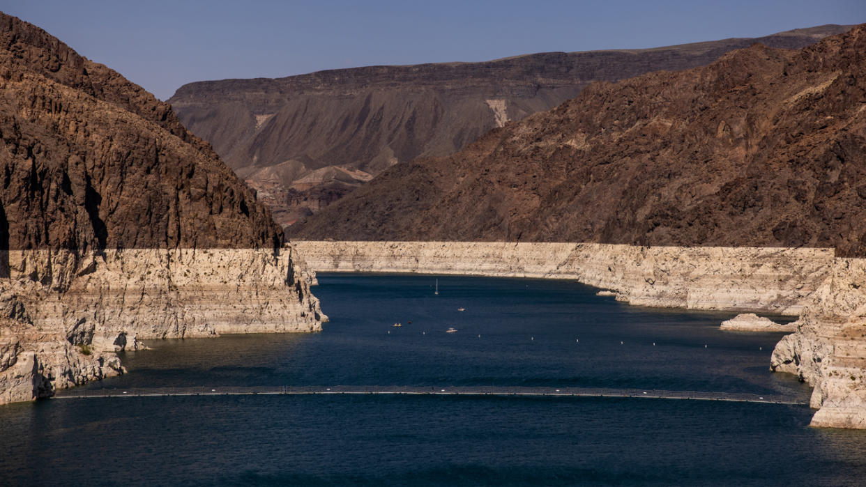 Minerals deposited on previously submerged surfaces marked the shoreline of the Colorado River during low water levels in Arizona, Nev., in August.