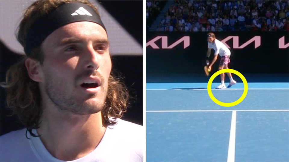 Stefanos Tsitsipas (pictured left) confused with the chair umpire and (pictured right) Tsitsipas with a foot fault.