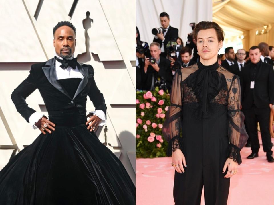 Billy Porter wearing the tuxedo dress and Harry Styles (Getty)