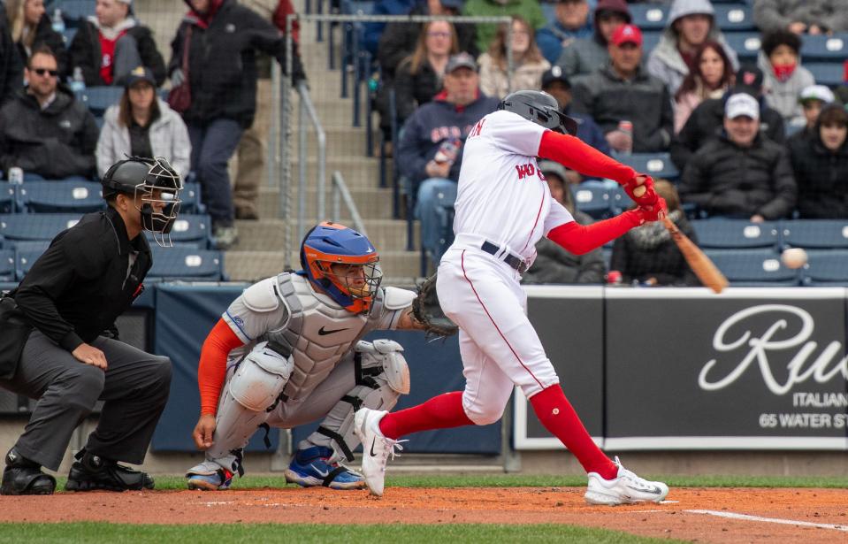 Worcester's David Hamilton connects for the first hit of the 2023 WooSox season in the first inning against the Syracuse Mets.