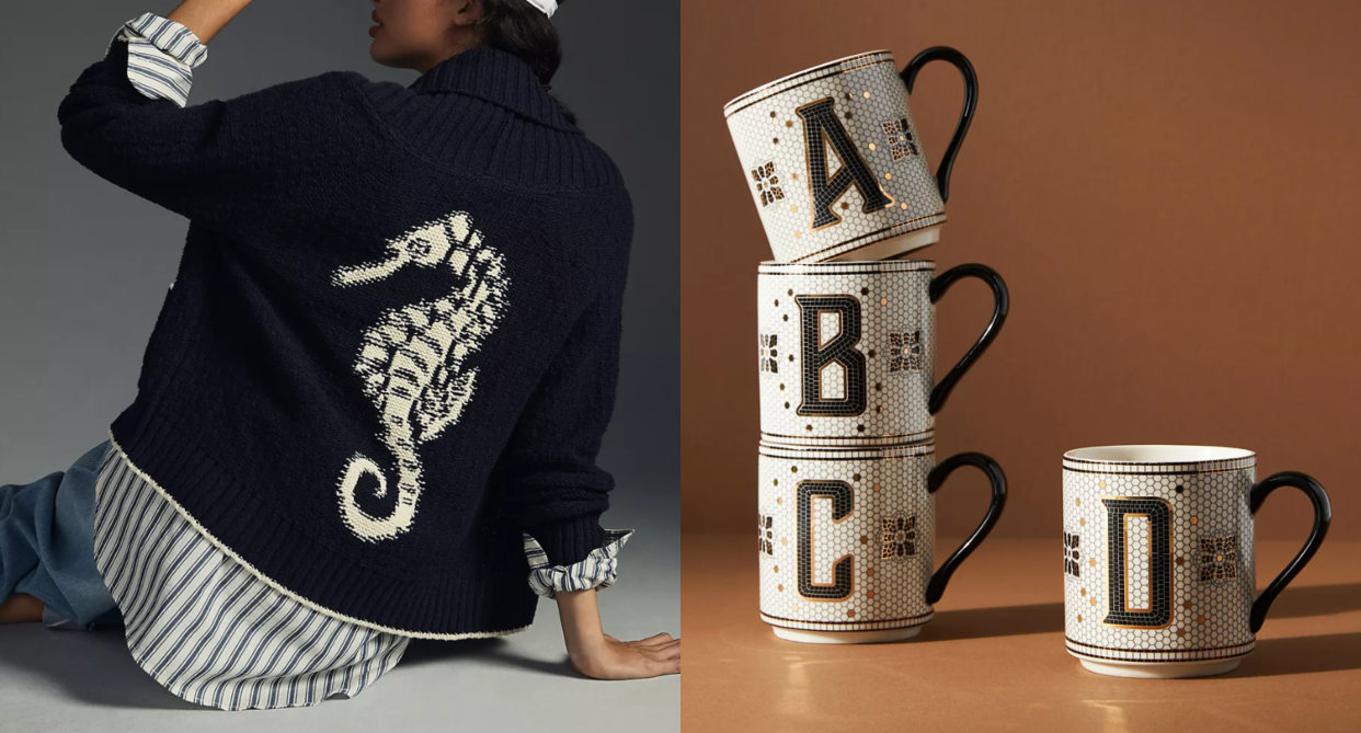 split screen of anthropologie model wearing striped shirt and navy blue seahorse cardigan and anthropologie monogram letter mugs