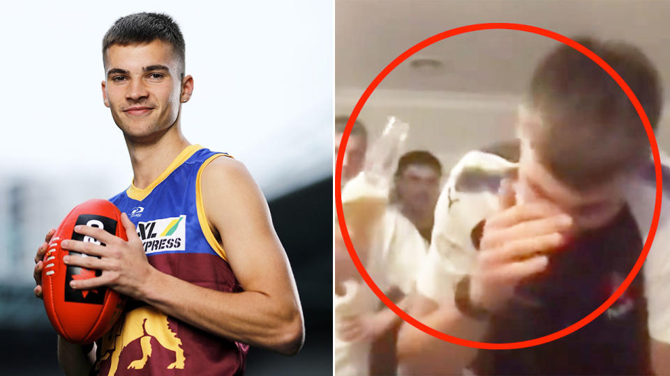 Seen here, Brisbane Lions pick Darcy Wilmot reacts after his AFL draft announcement.