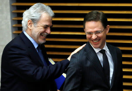 European Commissioner for Humanitarian Aid and Crisis Management Christos Stylianides (L) and European Commission Vice-President Jyrki Katainen attend a meeting of the EU executive body in Brussels, Belgium March 1, 2017. REUTERS/Yves Herman