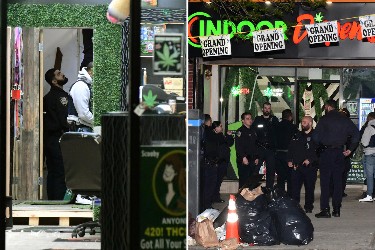 A composite photo of police inside and outside of the Indoor Dispensary in Brooklyn