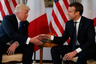 <p>President Donald Trump shakes hands with French President Emmanuel Macron during a meeting at the U.S. Embassy, Thursday, May 25, 2017, in Brussels. (AP Photo/Evan Vucci) </p>