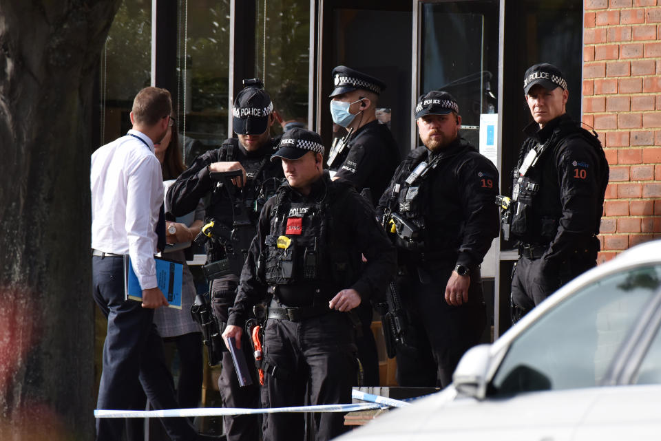 LEIGH-ON-SEA, ENGLAND - OCTOBER 15: Police officers attend following the stabbing of UK Conservative MP Sir David Amess as he met with constituents at a constituency surgery on October 15, 2021 in Leigh-on-Sea, England. Sir David Amess, 69, Conservative MP for Southend West from Basildon, has died after being stabbed multiple times at his constituency surgery taking place in Belfair Methodist Church. (Photo by John Keeble/Getty Images)