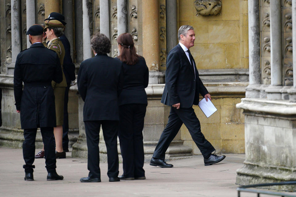 Labour leader Sir Keir Starmer (right) arriving at the State Funeral of Queen Elizabeth II, held at Westminster Abbey, London. Picture date: Monday September 19, 2022. (Photo by Peter Byrne/PA Images via Getty Images)