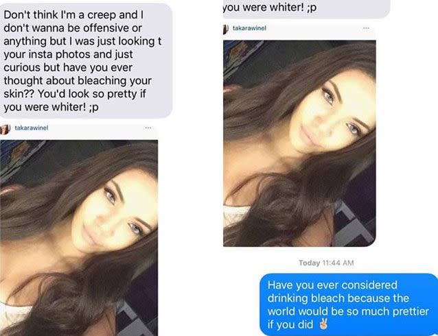 Takara Allen responds (blue) to her Tinder date's 'disgusting' comments (grey). Picture: Facebook  Takara Allen