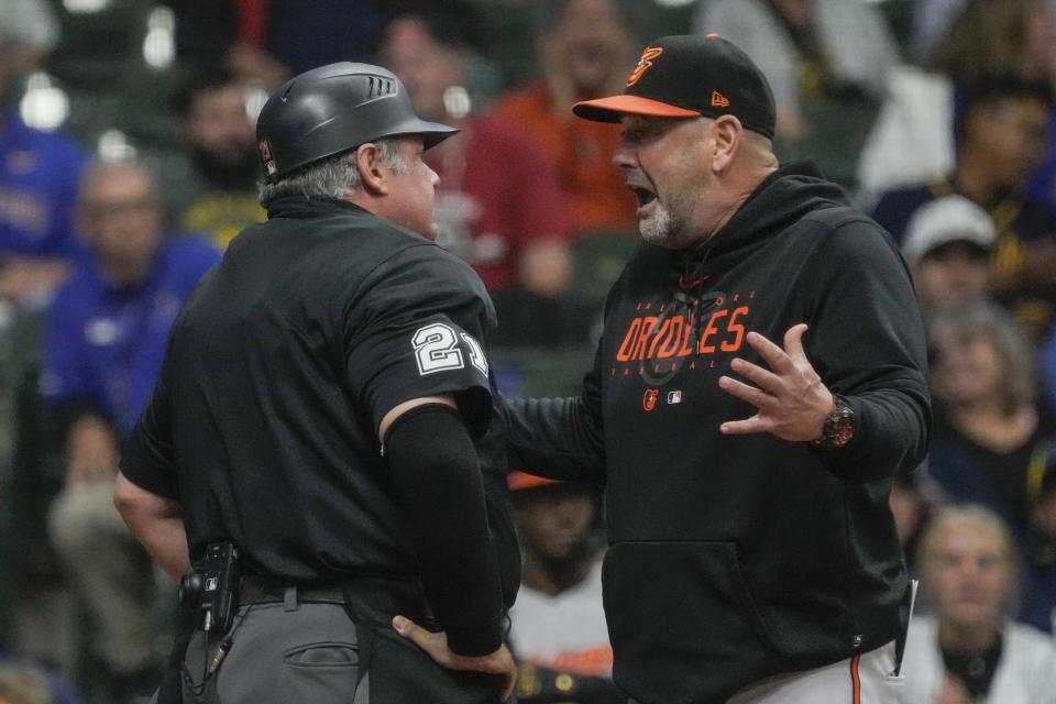 Baltimore Orioles manager Brandon Hyde argues a call with umpire Hunter Wendelstedt during the fifth inning of a baseball game against the Milwaukee Brewers Wednesday, June 7, 2023, in Milwaukee. (AP Photo/Morry Gash)