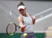 May 27, 2019; Paris, FRANCE; Veronica Kudermetova (RUS) in action during her match against Caroline Wozniacki (DEN) on day two of the 2019 French Open at Stade Roland Garros. Mandatory Credit: Susan Mullane-USA TODAY Sports