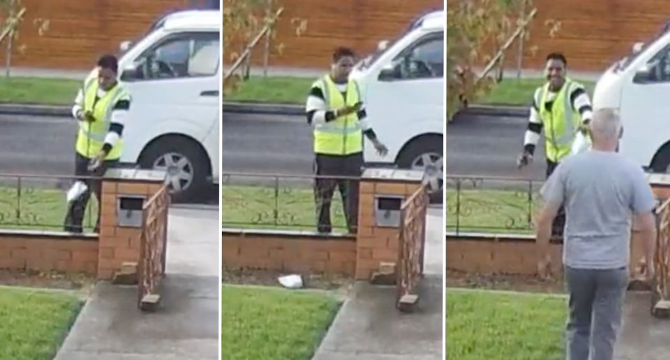 Three images in a row showing the delivery driver throwing the parcel over the short fence into the dirt before seeing he was caught and picking it up.