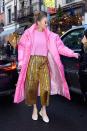 <p>In a pink Christina Ledang puffer coat and sweater, Christopher Bu pants, Filling Pieces sneakers, and Illesteva sunglasses while out in NYC.</p>