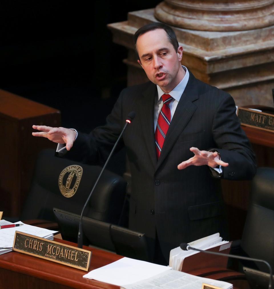 Sen. Chris McDaniel, the Republican chairman of the Senate Appropriations and Revenue committee, discusses a bill that controls the conditions under which $2.6 billion in federal aid could be spent during a floor session at the Capitol in Frankfort  on March 15, 2021.