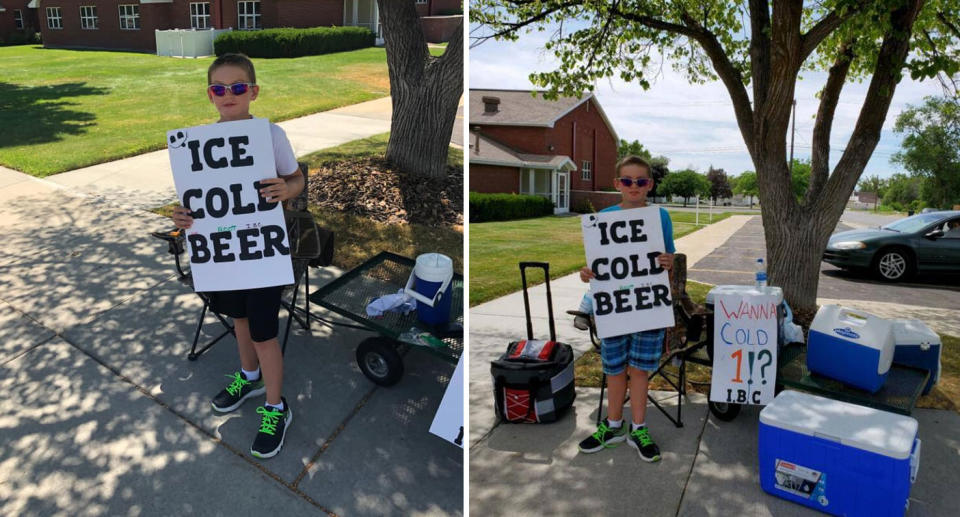 Boy pictured holding sign advertising "ice cold beer" with "root" discretely written above beer.