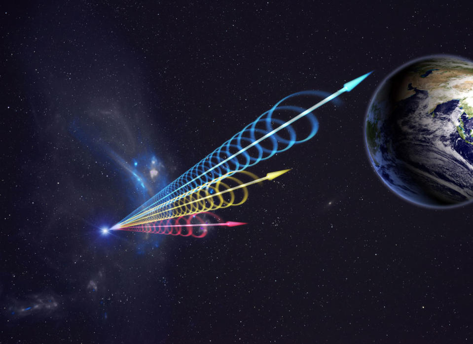 In the upper right corner of the Earth, red, yellow and blue wavelengths reach it from a fast radio burst.