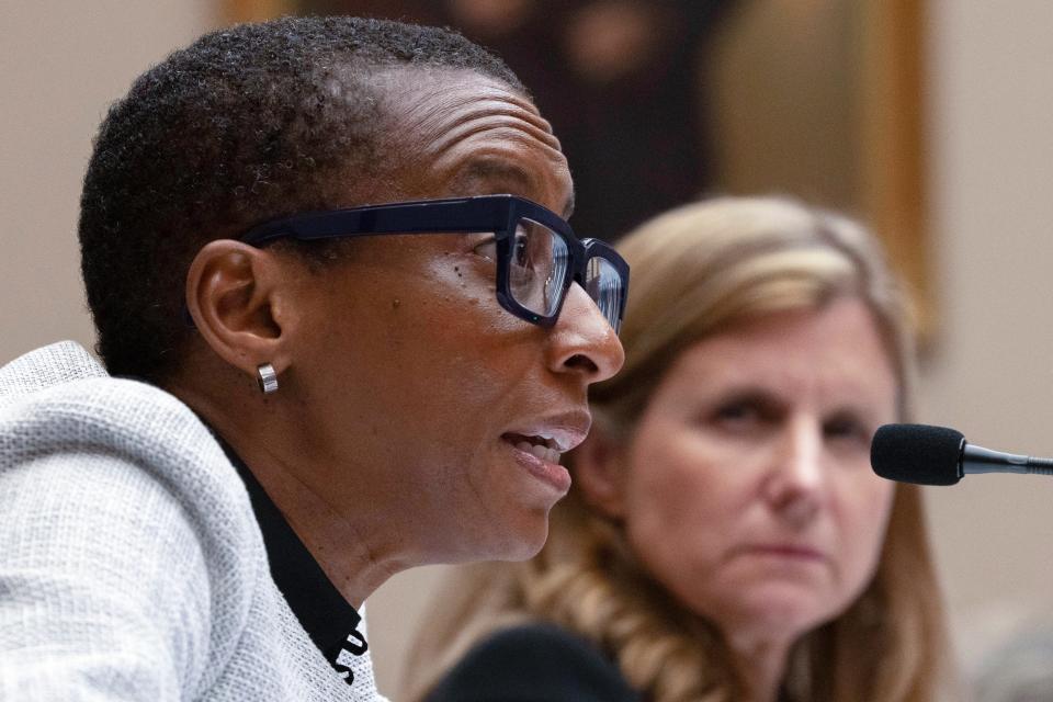 Harvard President Claudine Gay, left, speaks during a hearing of the House Committee on Education on Capitol Hill, Tuesday, Dec. 5, 2023 in Washington.