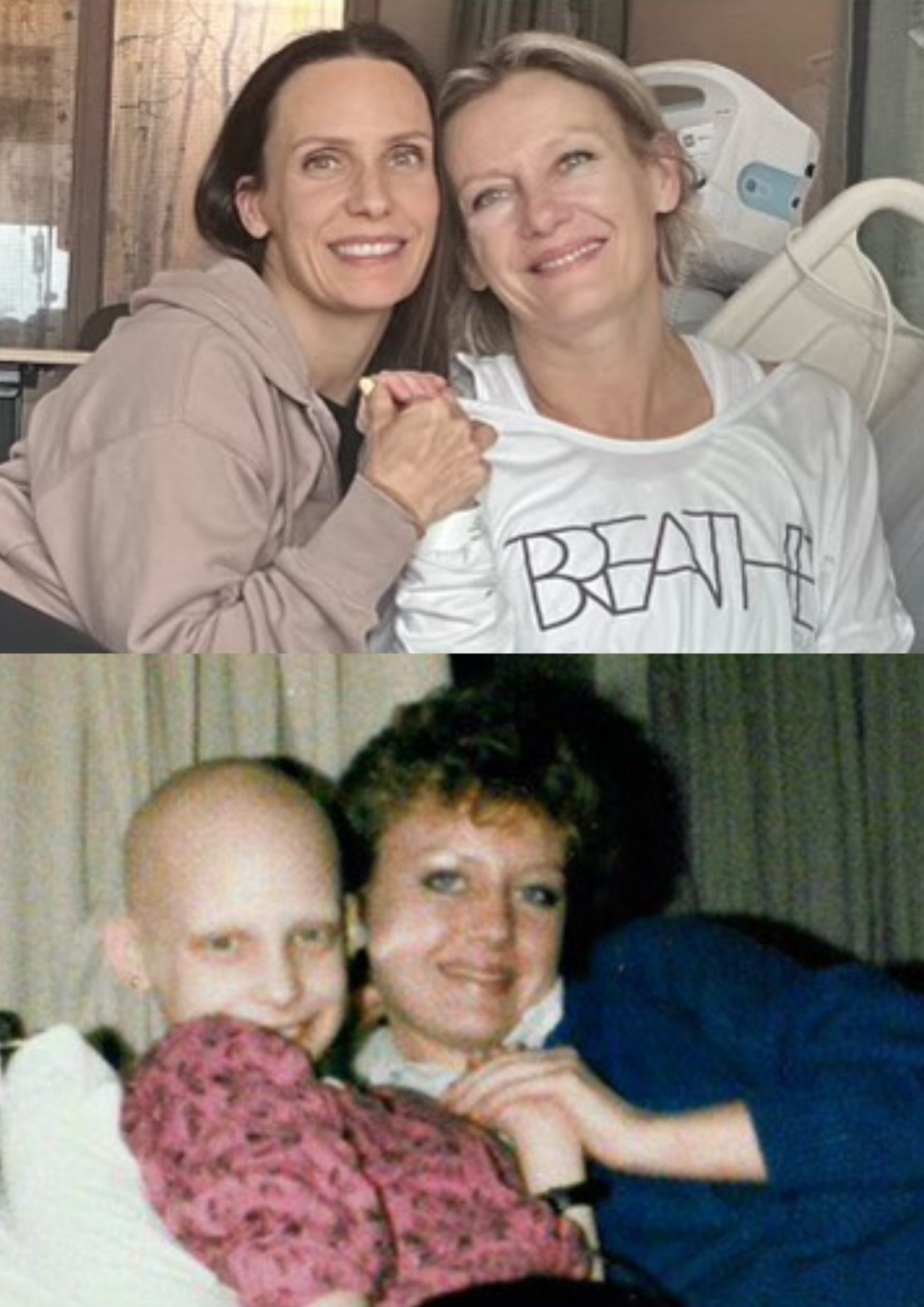 Above: Poshni and Harper in 2024. Below: Harper comforts an 8-year-old Poshni during her battle with bone cancer. (Image via Lisa Poshni)