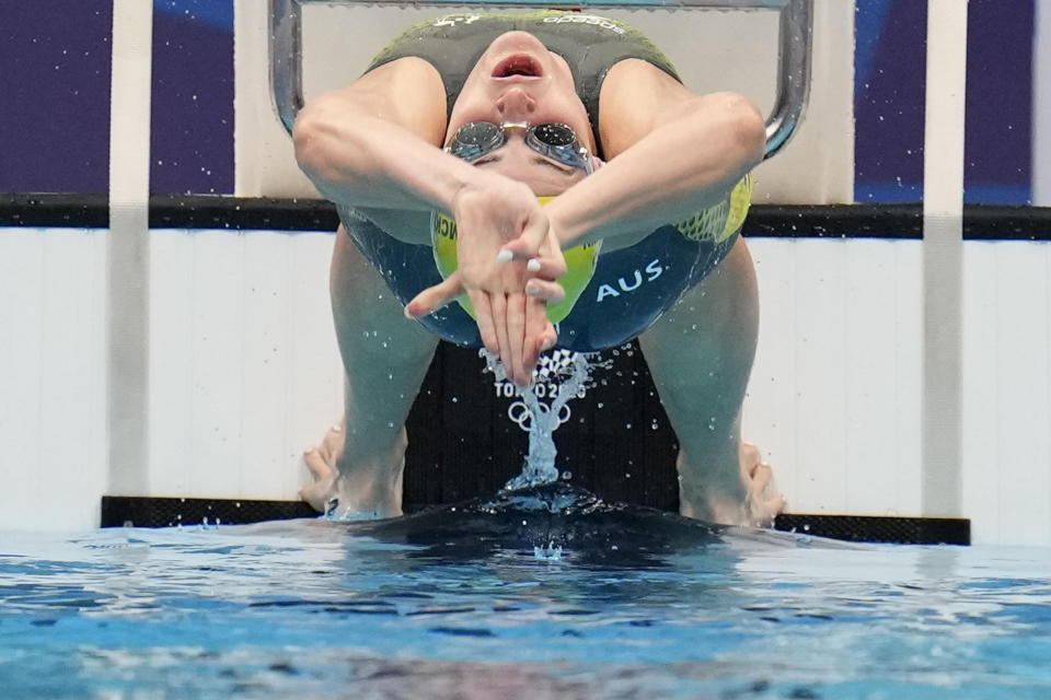 Kaylee McKeown, of Australia, swims in a semifinal heat of the women's 200-meter backstroke at the 2020 Summer Olympics, Friday, July 30, 2021, in Tokyo, Japan. (AP Photo/Gregory Bull)