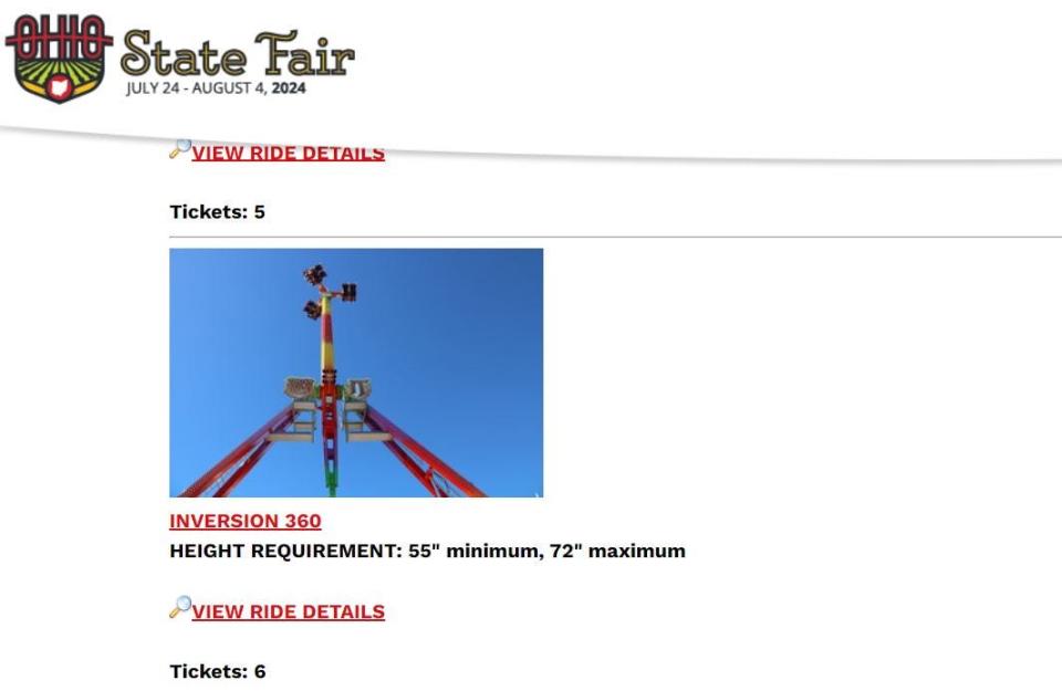 A listing for the KMG-made ride "Inversion 360" appeared on the Ohio State Fair's website as recently as Thursday night. A state fair official told The Dispatch the listing was an error and the ride was removed Friday morning.