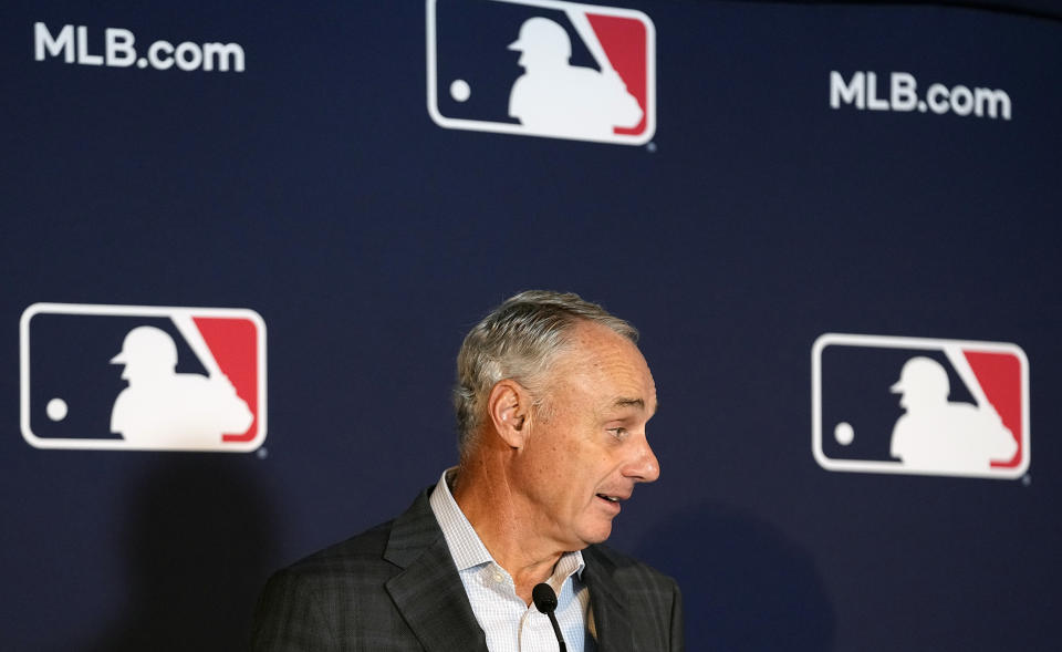 Major League Baseball commissioner Rob Manfred speaks during a news conference after an owners meeting in Arlington, Texas, Thursday, Nov. 16, 2023. The Oakland Athletics’ move to Las Vegas was unanimously approved Thursday by Major League Baseball team owners, cementing the sport’s first relocation since 2005. (AP Photo/LM Otero)