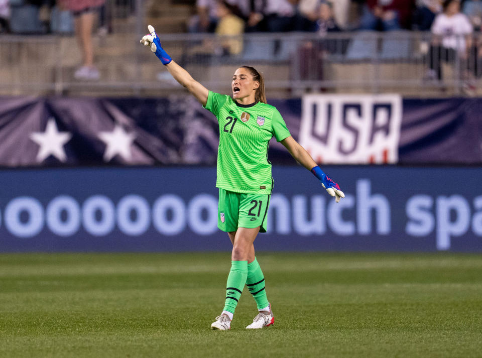 Aubrey Kingsbury yells to her teammates during a game between Uzbekistan and USWNT at Subaru Park in Chester, Pa., on April 12, 2022.<span class="copyright">Brad Smith—ISI Photos/Getty Images</span>