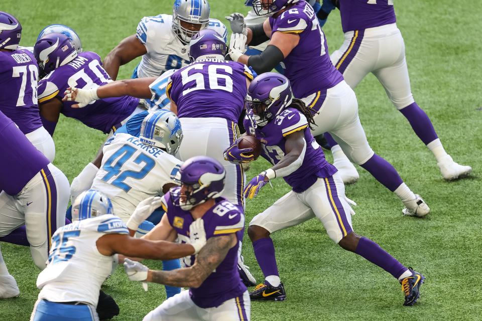 Minnesota Vikings running back Dalvin Cook scores a touchdown against the Detroit Lions during the first quarter at U.S. Bank Stadium, Nov. 8, 2020.