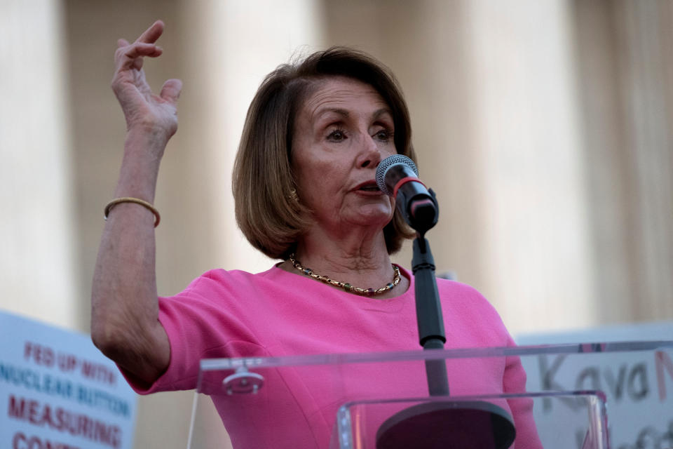 House Minority Leader Nancy Pelosi speaks in Washington on Wednesday at a protest outside the U.S. Supreme Court. (Photo: JAMES LAWLER DUGGAN / Reuters)