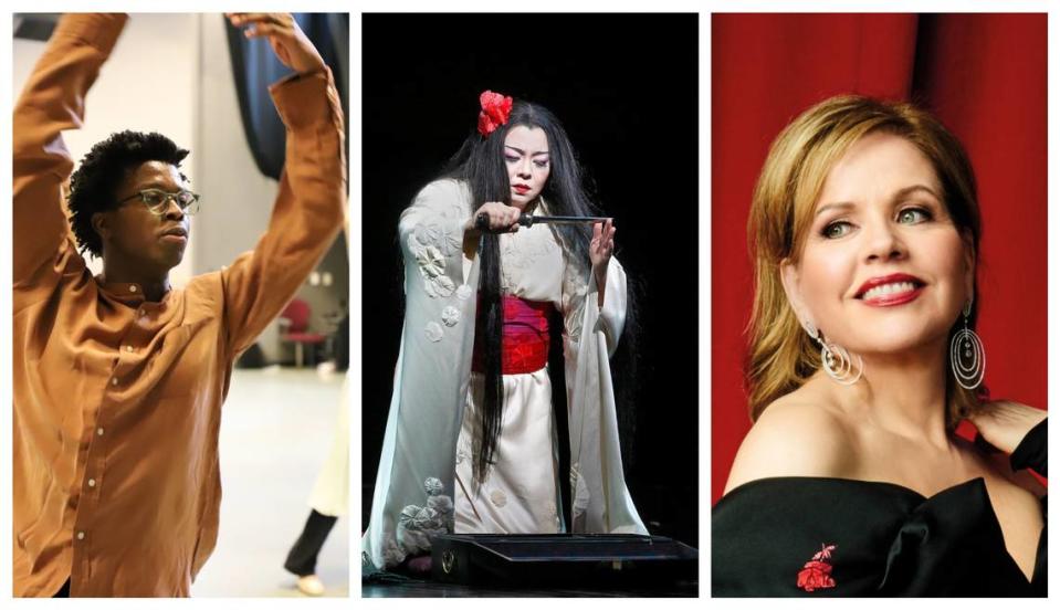 From left: South African choreographer Mthuthuzeli November will premiere a piece with Charlotte Ballet in October; Chinese opera star Hui He will perform with Opera Carolina in January; and soprano Renée Fleming will headline the Charlotte Symphony’s annual gala in September.