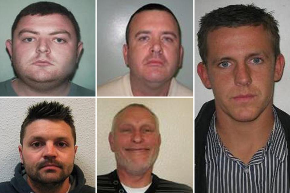 Sentenced: (Clockwise from top left) West Ham fans Danny Butler, James Bevan, Christopher Love, Tony Hackett, Paul Ogden (Metropolitan Police)