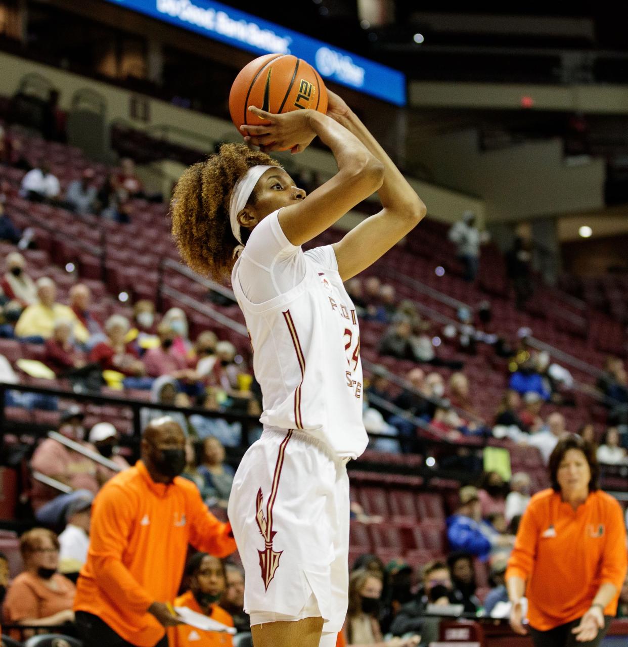 Florida State Seminoles guard Morgan Jones (24) shoots for three. The Florida State Seminoles hosted the Miami Hurricanes for a women's basketball game at the Tucker Civic Center on Thursday, Jan. 20, 2022.