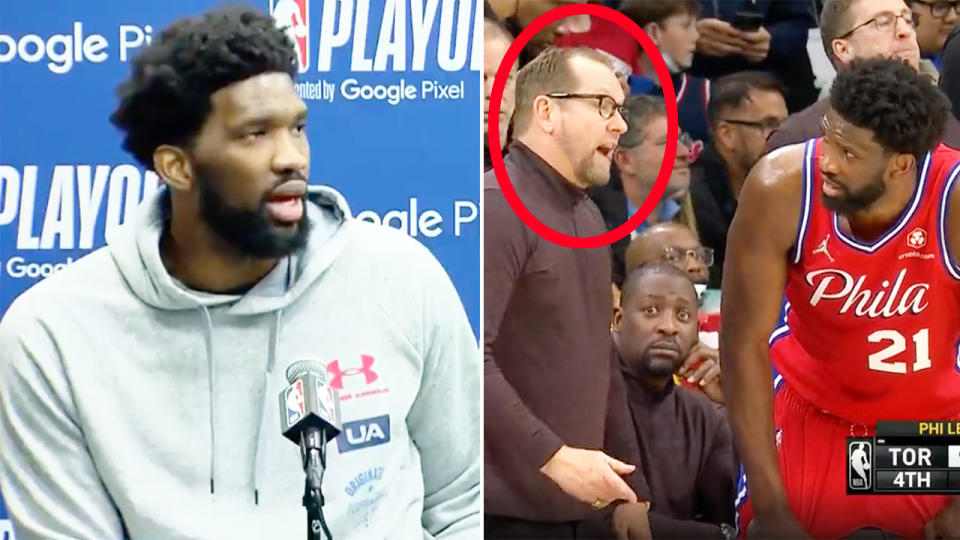 Sixers star Joel Embiid and Raptors coach Nick Nurse had some heated words during game two of the NBA playoffs series. Pic: NBA/TNT