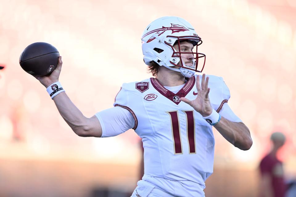 Sep 28, 2024; Dallas, Texas, USA; Florida State Seminoles quarterback Brock Glenn (11) before the game between the Southern Methodist Mustangs and the Florida State Seminoles at Gerald J. Ford Stadium. Mandatory Credit: Jerome Miron-Imagn Images