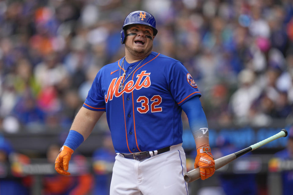 New York Mets' Daniel Vogelbach reacts after a strike call during the first inning of the first baseball game of a doubleheader against the Atlanta Braves at Citi Field, Monday, May 1, 2023, in New York. (AP Photo/Seth Wenig)