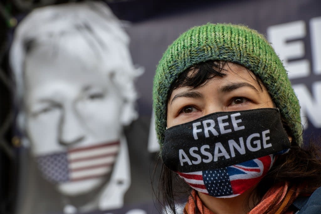 Supporters of Julian Assange outside the Royal Courts of Justice last month  (Getty Images)