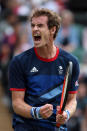 LONDON, ENGLAND - AUGUST 01: Andy Murray of Great Britain celebrates after defeating Marcos Baghdatis of Cyprus during the third round of Men's Singles Tennis on Day 5 of the London 2012 Olympic Games at Wimbledon on August 1, 2012 in London, England. (Photo by Clive Brunskill/Getty Images)