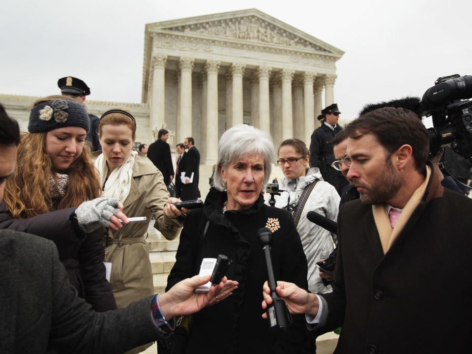 Former Secretary of Health and Human Services Kathleen Sebelius speaks to members of the media as she comes out from the U.S. Supreme Court after oral arguements March 4, 2015 in Washington, DC.