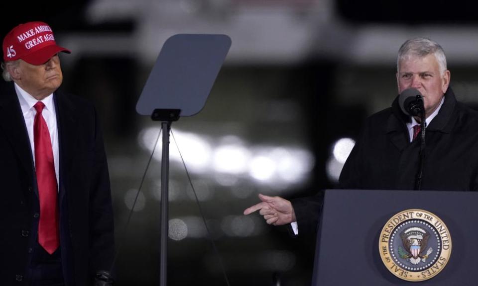 Franklin Graham with Donald Trump at a campaign rally in Hickory, North Carolina on 1 November 2020.