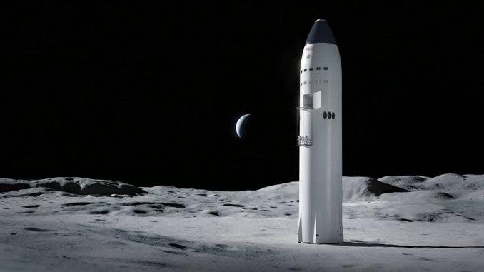 An artist's impression of the SpaceX Human Landing System moon lander on the lunar surface. / Credit: NASA/SpaceX