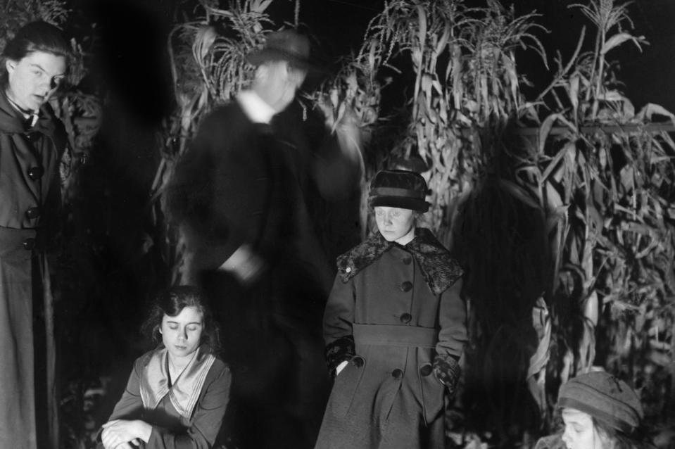 <p>A family wanders in the shadows of a corn field circa 1910.</p>