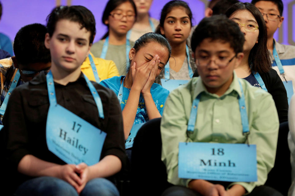 <p>Avril Regis, 14, of Pago Pago, American Samoa, stifles a yawn during the 2017 Scripps National Spelling Bee at National Harbor in Oxon Hill, Md., May 31, 2017. (Joshua Roberts/Reuters) </p>