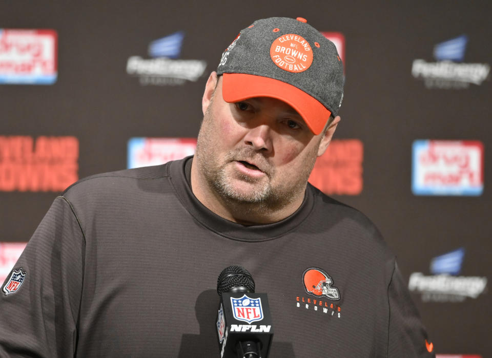 Cleveland Browns head coach Freddie Kitchens answers questions after an NFL football game against the Cincinnati Bengals, Sunday, Dec. 8, 2019, in Cleveland. The Browns won 27-19. (AP Photo/David Richard)