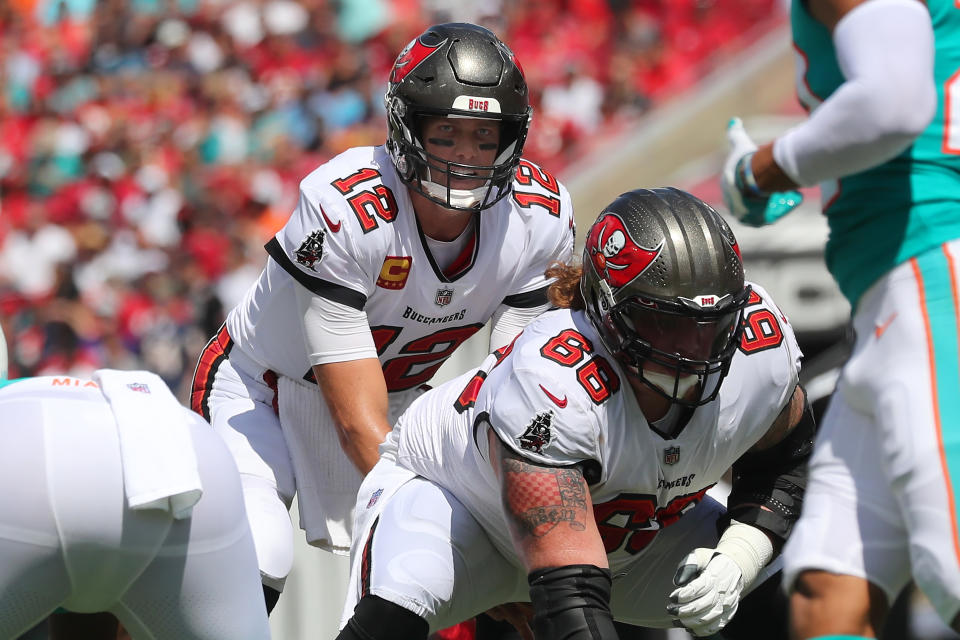 Tampa Bay Buccaneers QB Tom Brady (12) looks over the defense during a game against the Miami Dolphins on Oct. 10. (Cliff Welch/Icon Sportswire via Getty Images)