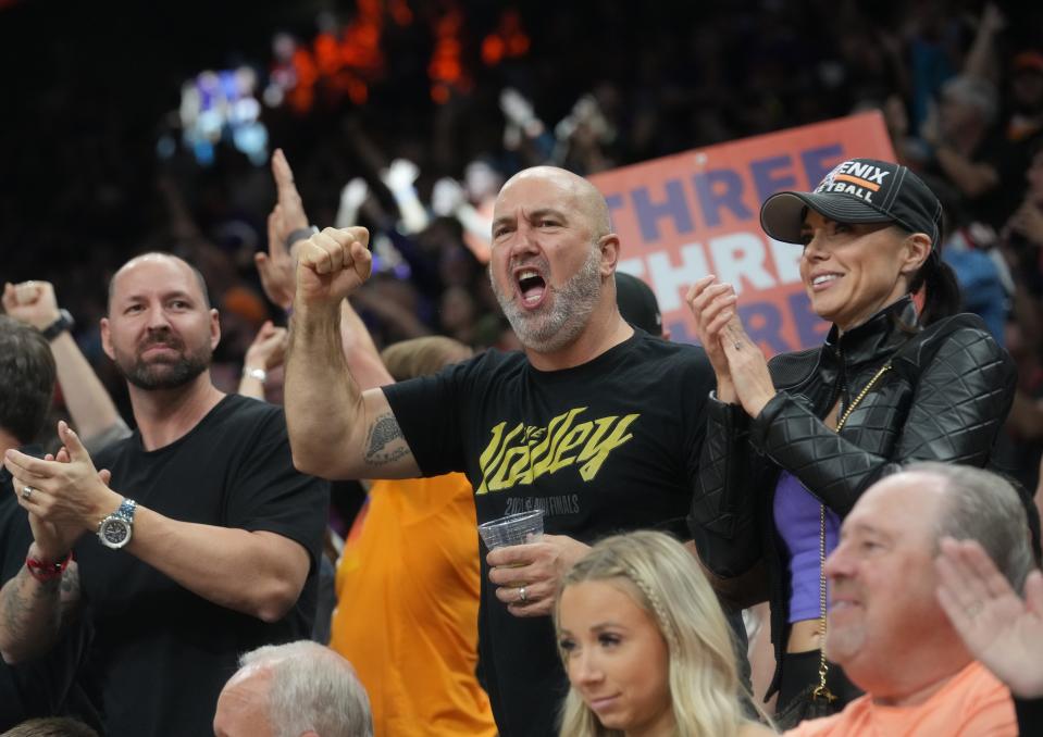 Phoenix Suns fans cheer from the stands as the team takes on the Denver Nuggets during Game 3 of the Western Conference Semifinals at the Footprint Center in Phoenix on May 5, 2023.