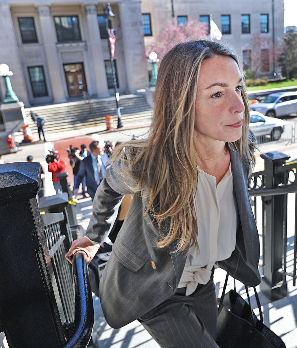 Karen Read arrives at Norfolk Superior Court in Dedham for the start of jury selection in her murder trial on Tuesday, April 16, 2024.