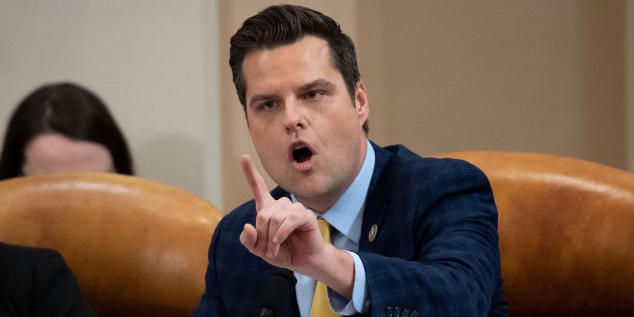 U.S. Rep. Matt Gaetz (R-FL) questions a panel of constitutional experts during a House Judiciary Committee hearing on the impeachment Inquiry into U.S. President Donald Trump on Capitol Hill in Washington