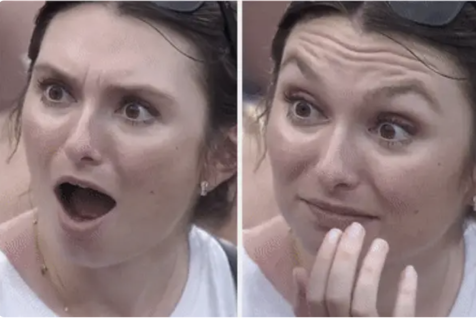 Two side-by-side images of a woman expressing shock and then amusement