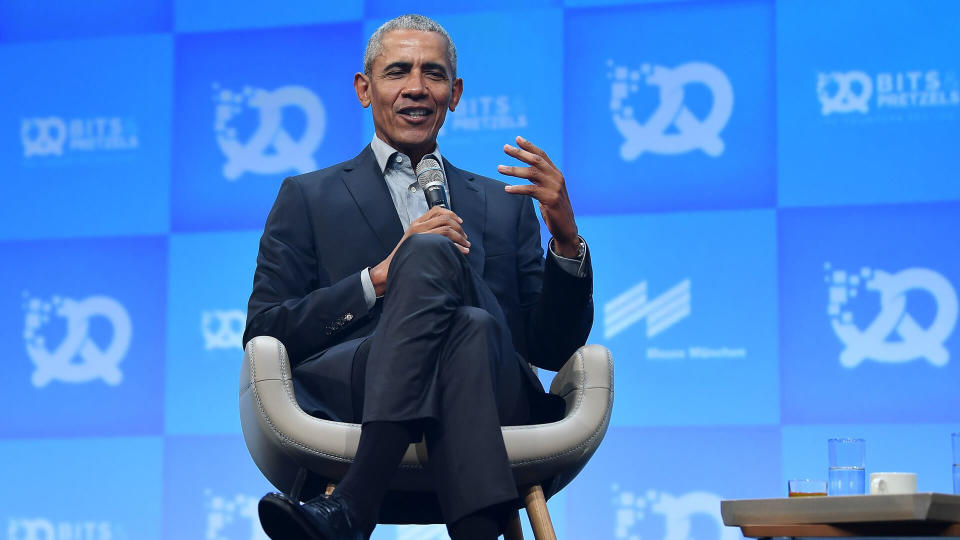 Former US President Barack Obama speaks during the opening ceremony of the 'Bits and Pretzels' startup conference in Munich, Germany, 29 September 2019.